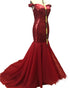Off The Shoulder Mermaid Evening Dresses 2018 Sparkly Red Sequined Prom Party Gowns Tulle Ruffles